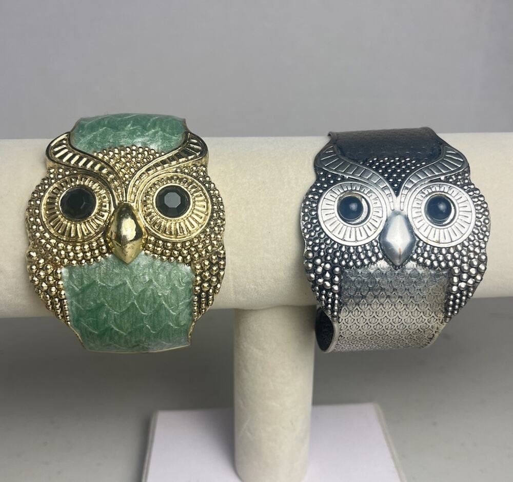 Owl Cuff Clamper Bracelet Lot Sea Green Enamel Silver Tone & Gold Tone Boho